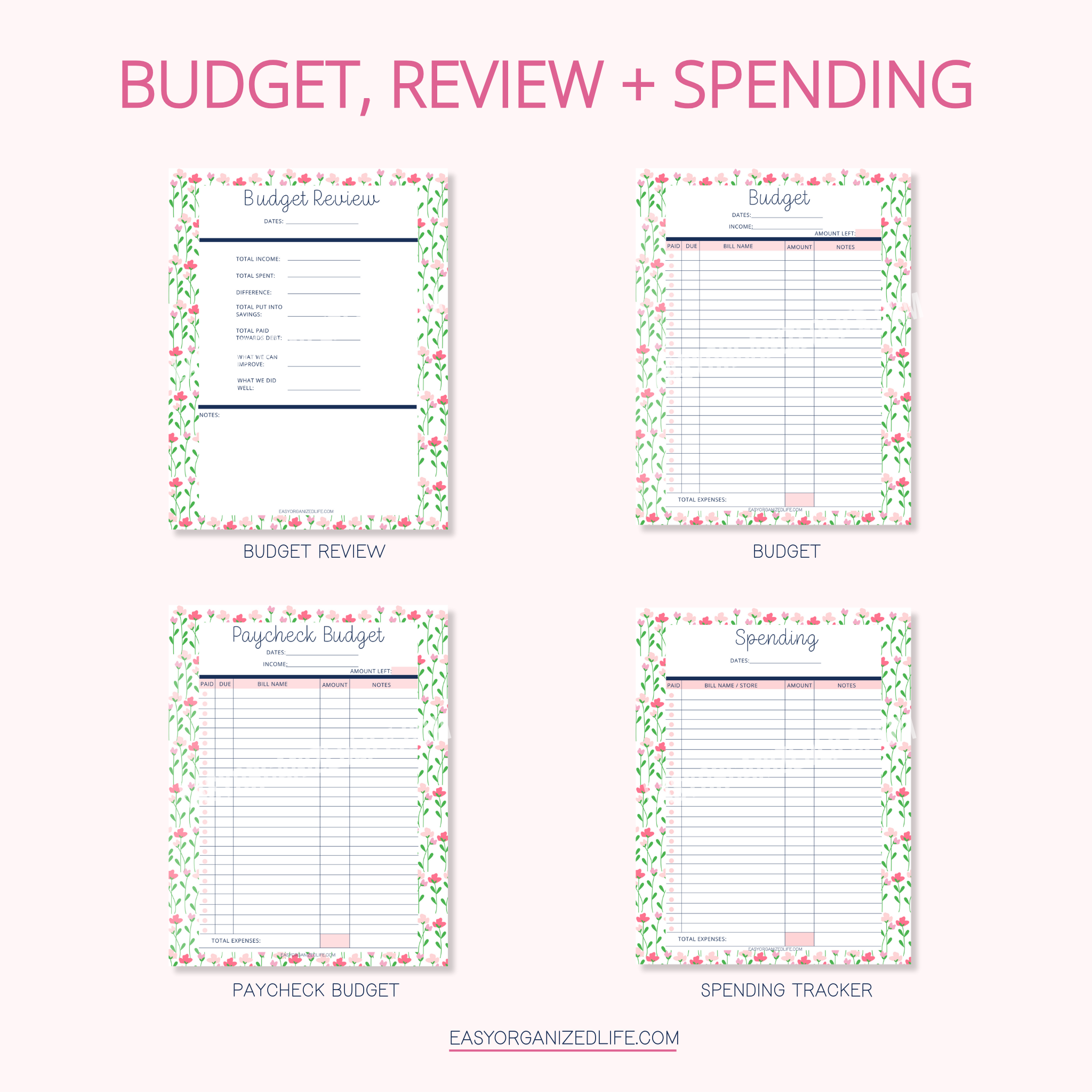 Flowers Budget Planner | Paycheck Budget | Pink | Printable
