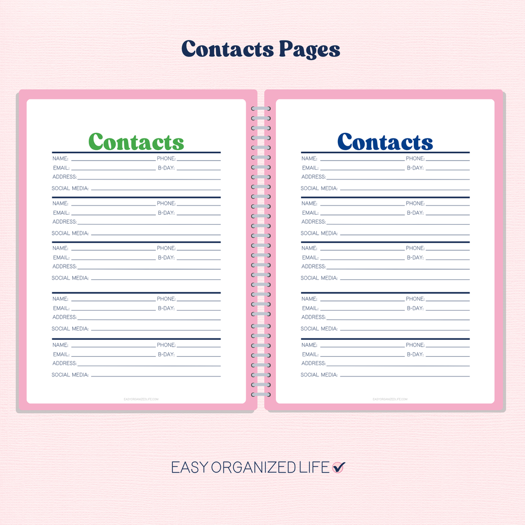 Printable Address Book | Contacts, Passwords & Notes | Planner Insert