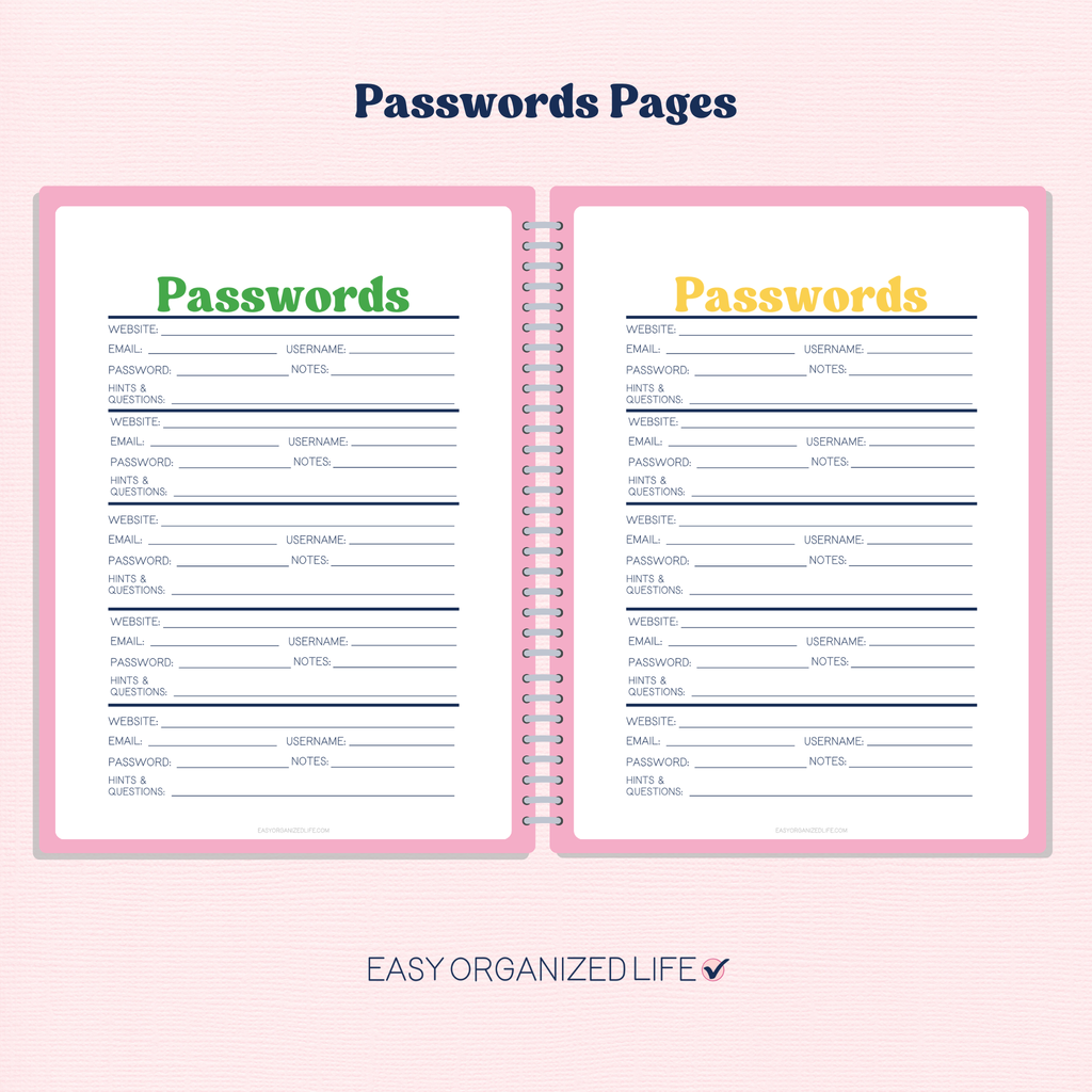 Printable Address Book | Contacts, Passwords & Notes | Planner Insert