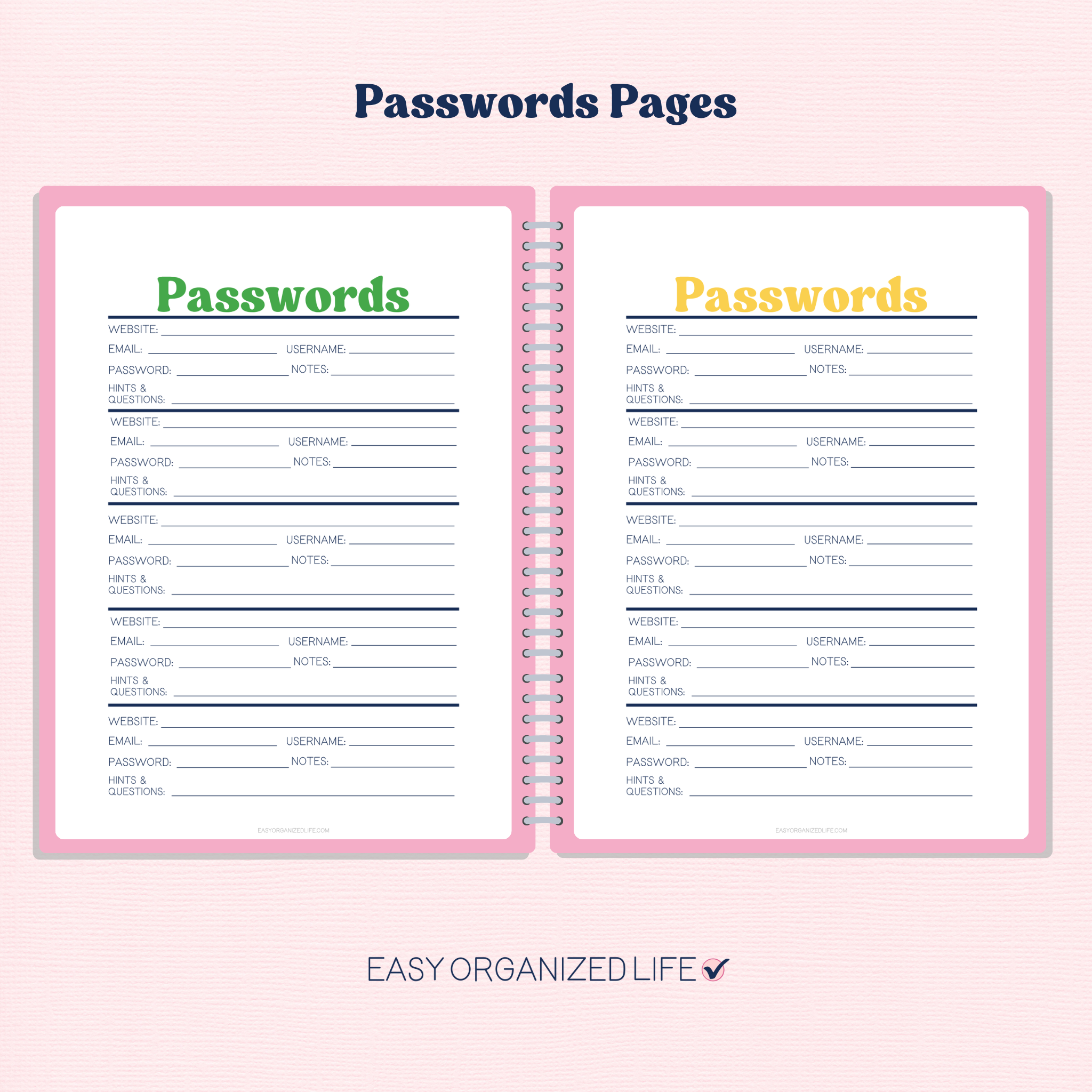 Printable Address Book | Contacts, Passwords & Notes | Planner Insert