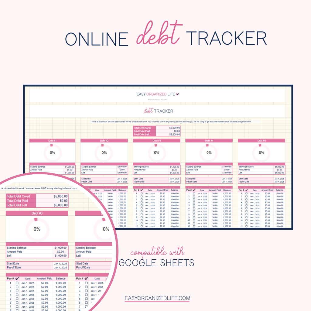 Debt Payoff Tracker | Google Sheets | Pink