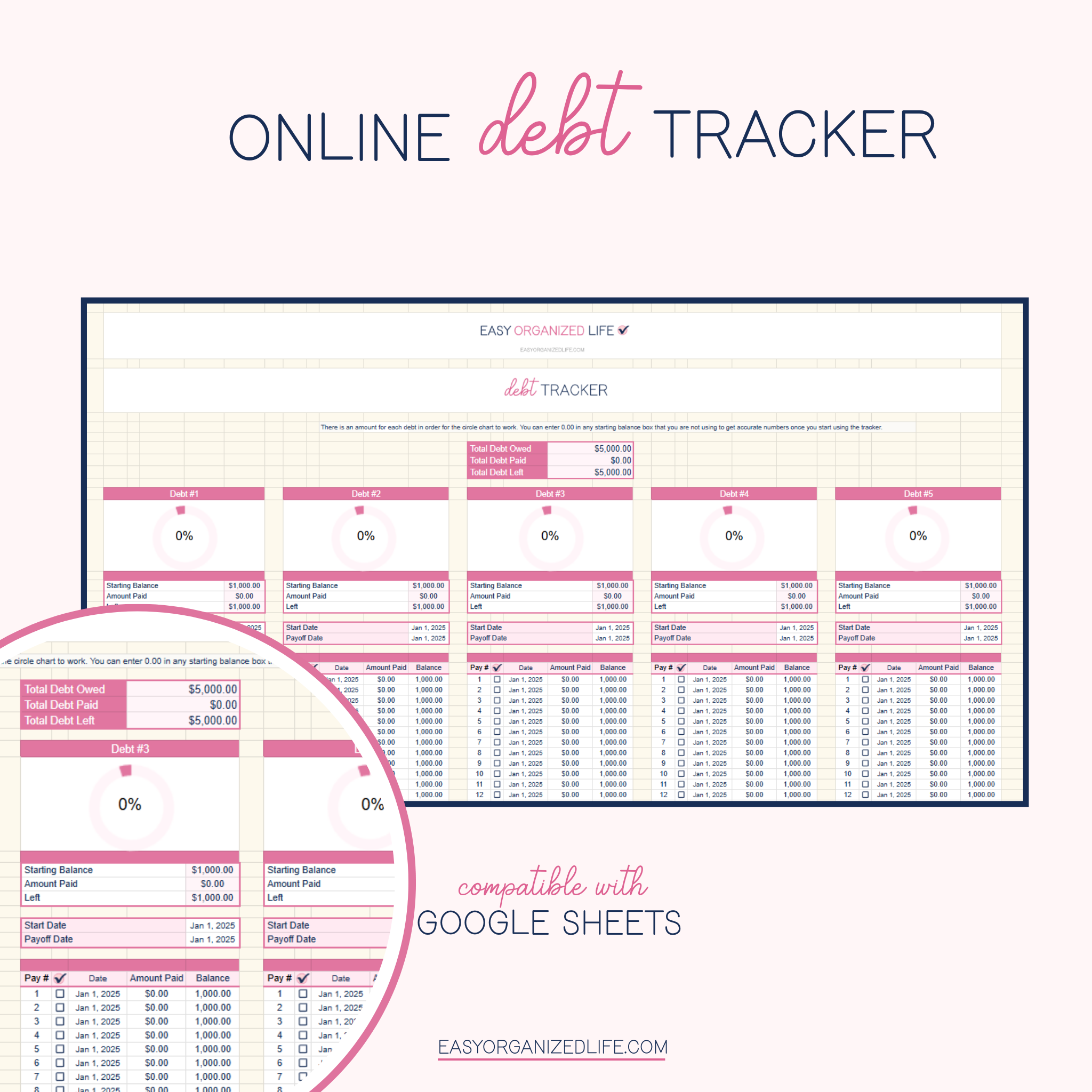 Debt Payoff Tracker | Google Sheets | Pink