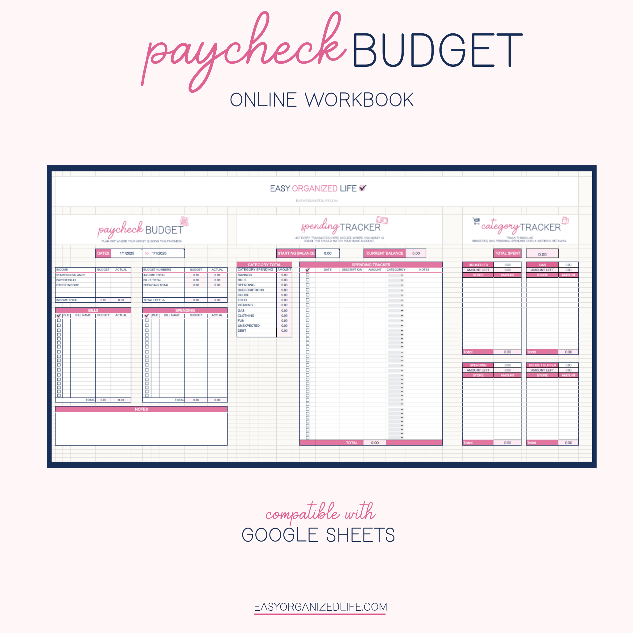 Paycheck and Monthly Budget Workbook | Pink | Online | Google Sheets