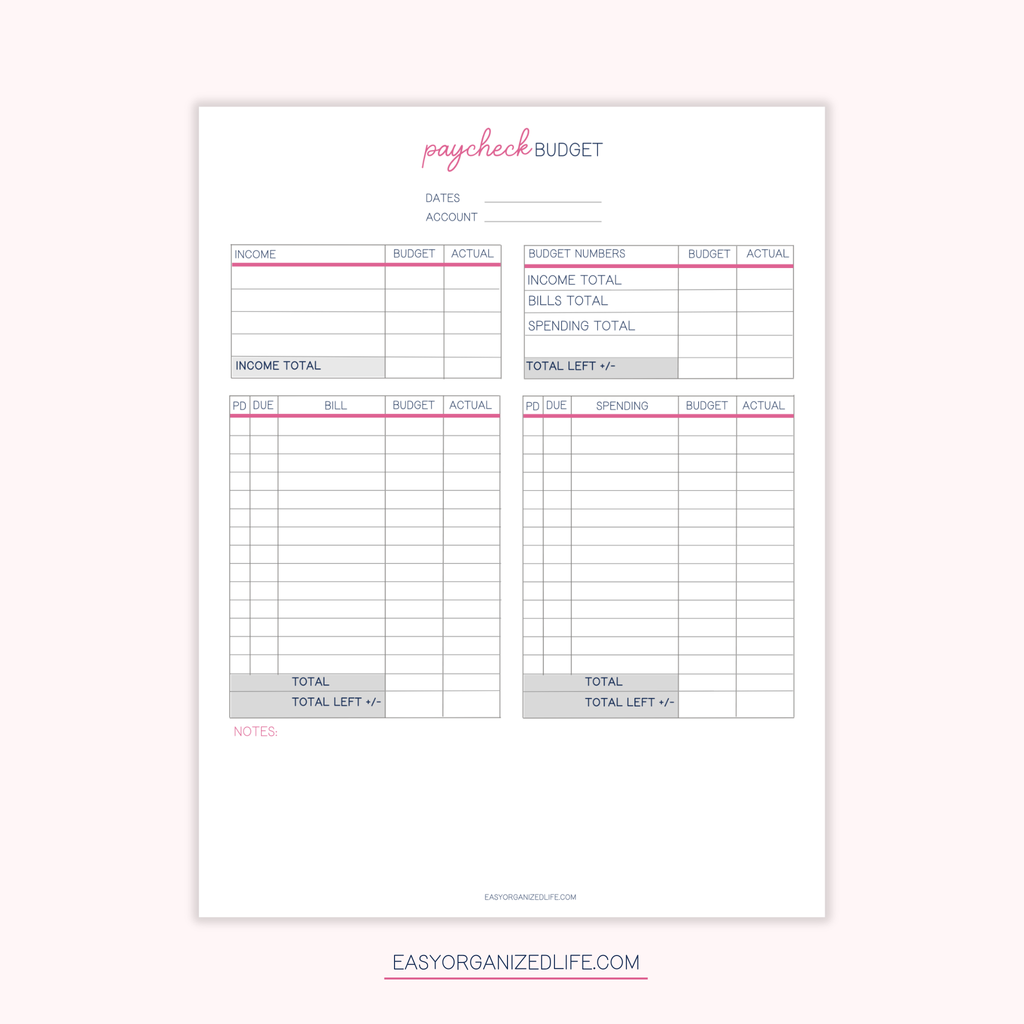 Paycheck Budget Planner | Pink | Printable