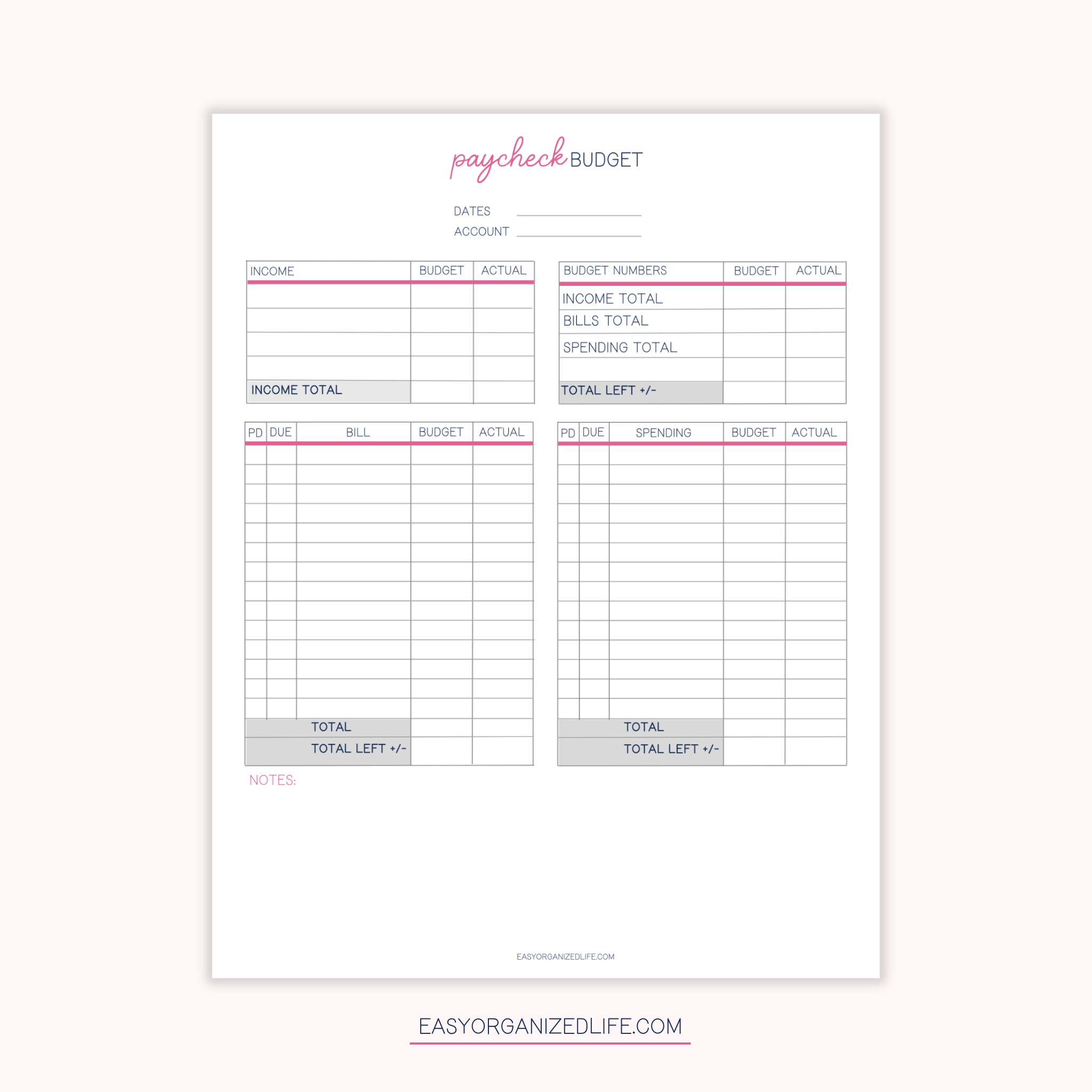 Paycheck Budget Planner | Pink | Printable