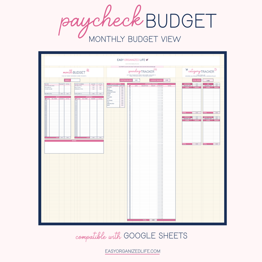Paycheck and Monthly Budget Workbook | Pink | Online | Google Sheets