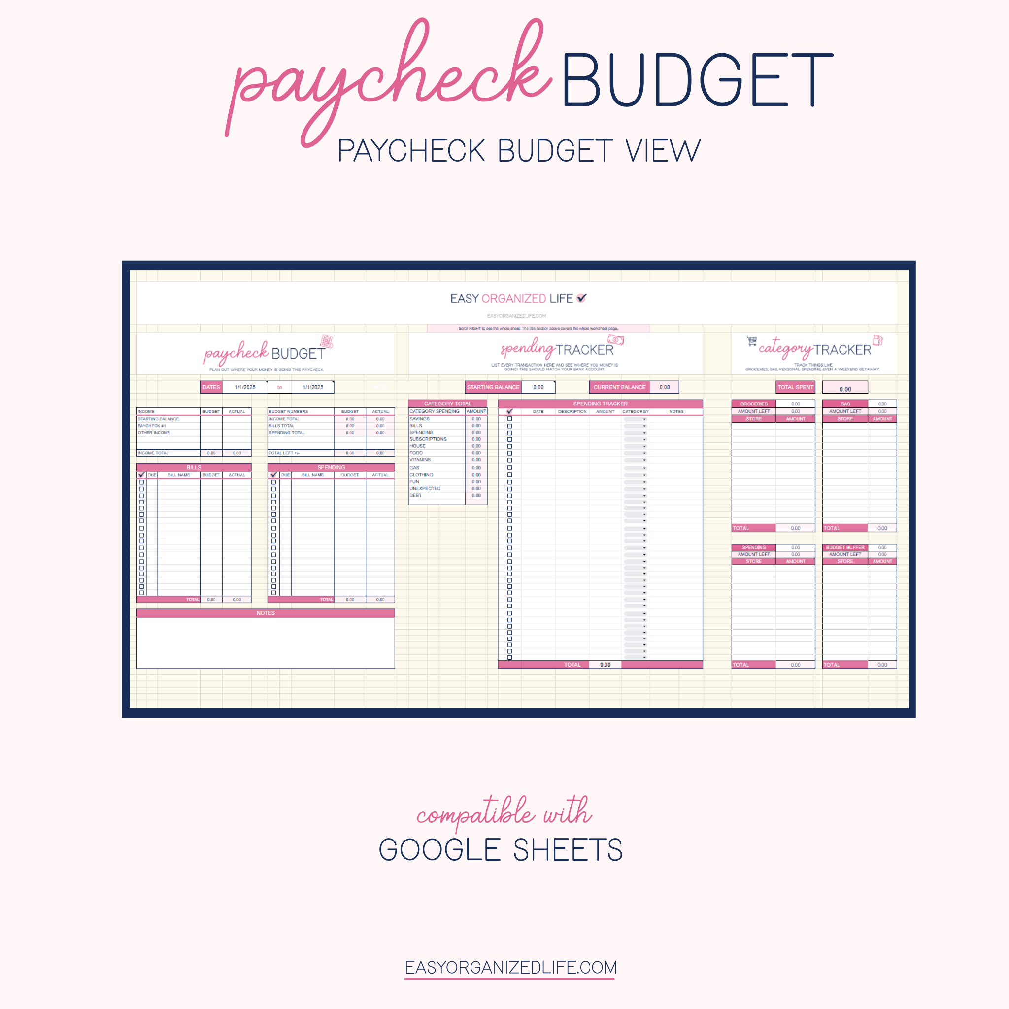 Paycheck and Monthly Budget Workbook | Pink | Online | Google Sheets