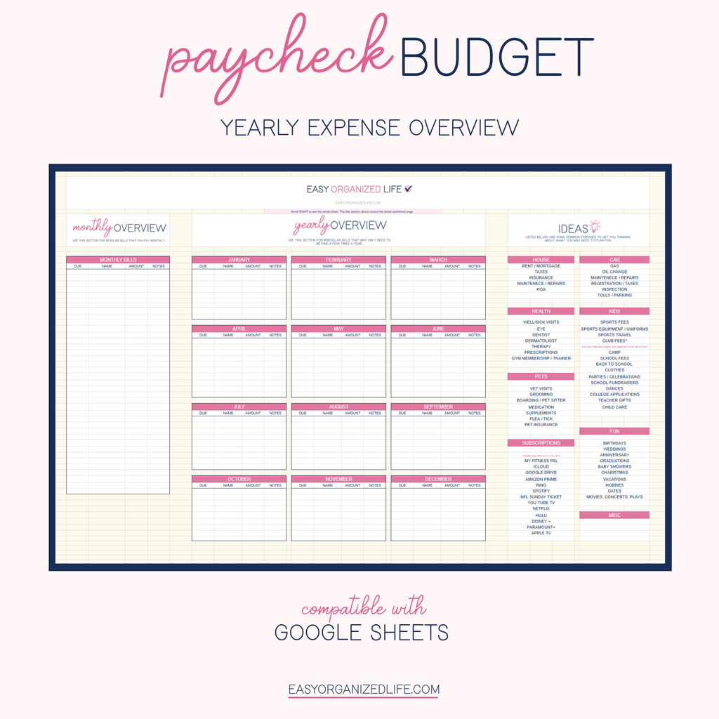 Paycheck and Monthly Budget Workbook | Pink | Online | Google Sheets