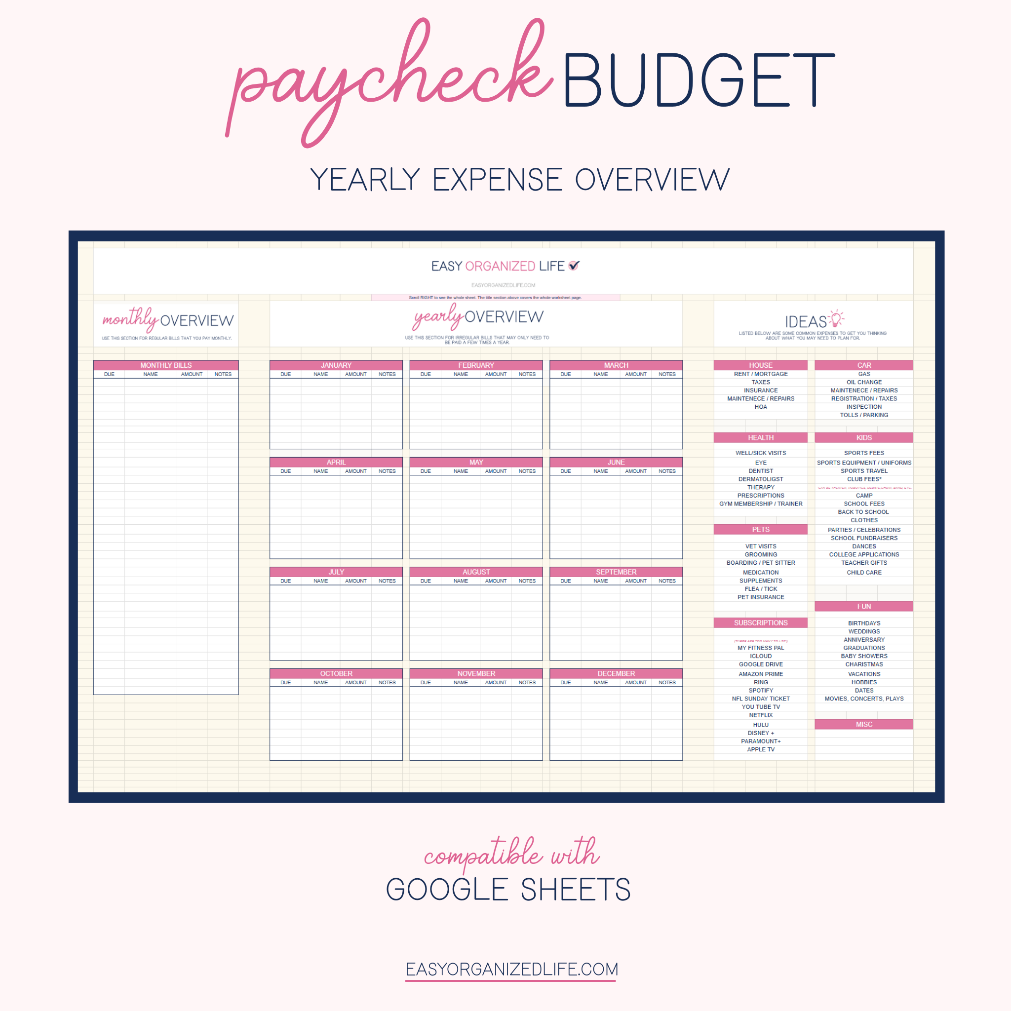 Paycheck and Monthly Budget Workbook | Pink | Online | Google Sheets